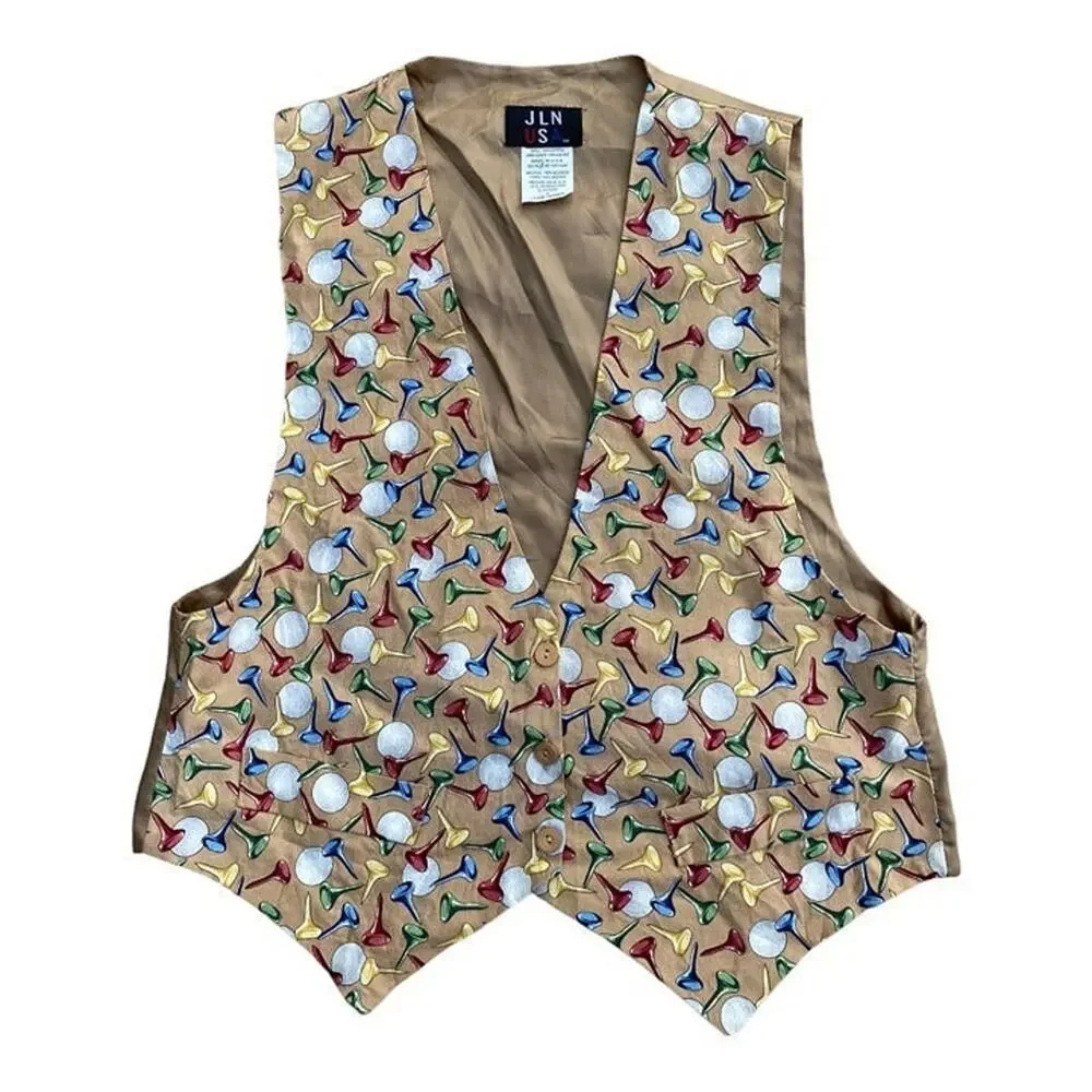 JLN USA Vintage Golf Vest Beige Tan Sleeveless Button Down V Neck Made in USA L